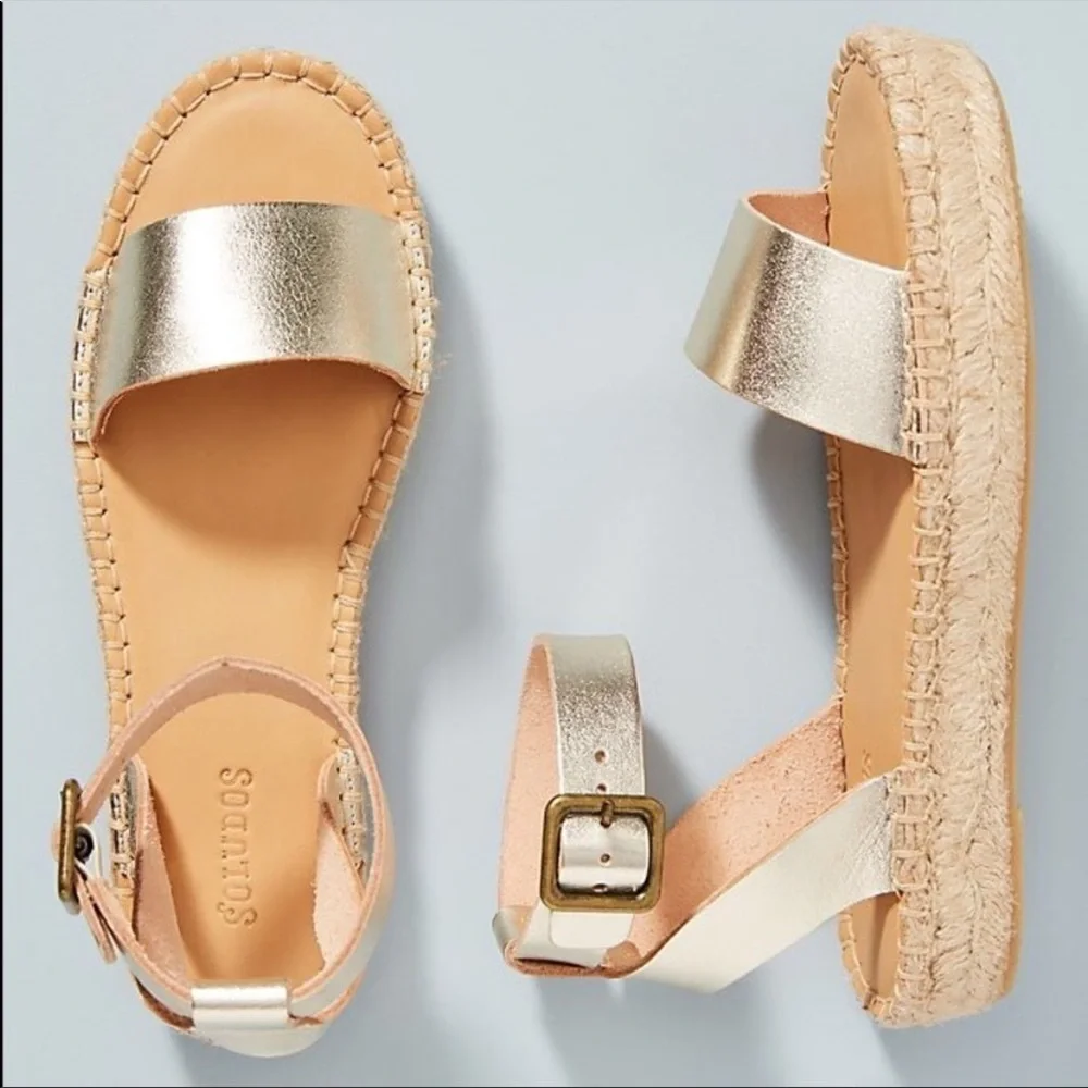 SOLUTOS Cadiz Leather Gold Espadrilles platform ankle Sandals size 6
